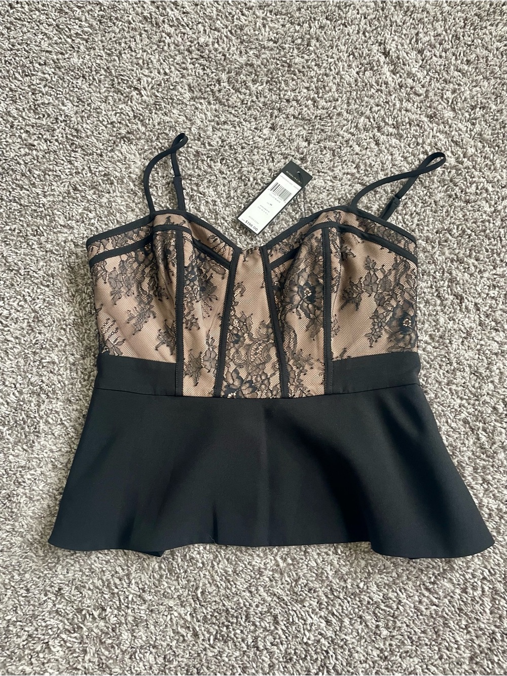 NWT BCBG Lace-Overlay Peplum Top